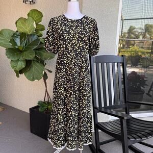 Linen Floral Tiered Maxi Dress Babydoll Black Yellow Small Sundress Cottagecore